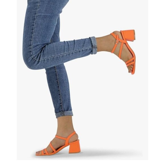 Womens Orange Strappy Block Heel Sandals Shoes Size 9 Adj Buckle & 2.5" Heel - Picture 2 of 10